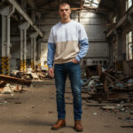 Blue Beige Mix Crew Neck Men's Thick Sweatshirt - Görsel 2