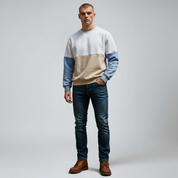 Blue Beige Mix Crew Neck Men's Thick Sweatshirt